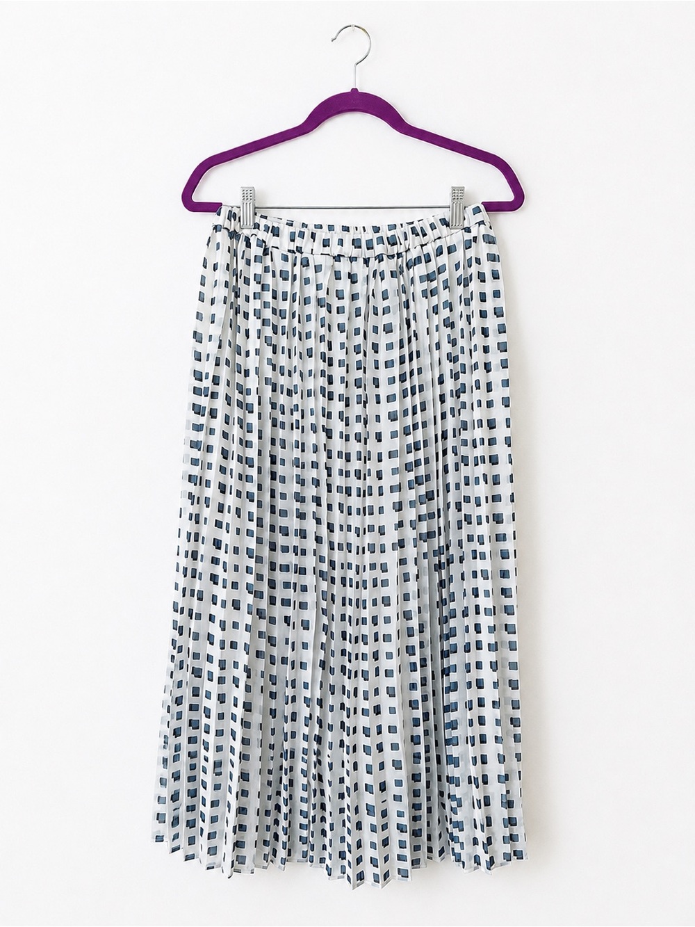 UNIQLO Pleated Midi Skirt White Blue Geometric Print Size S